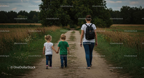 Family Walking on a Country Path Amidst Lush Greenery