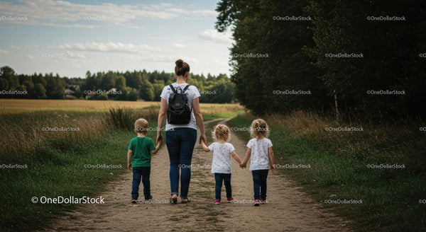 Mother and Children Enjoying a Walk in the Countryside