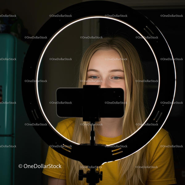 Young Woman Filming with Ring Light and Smartphone