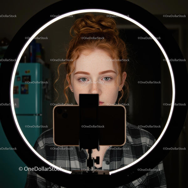 Redhead Girl in Plaid Shirt Recording with Ring Light