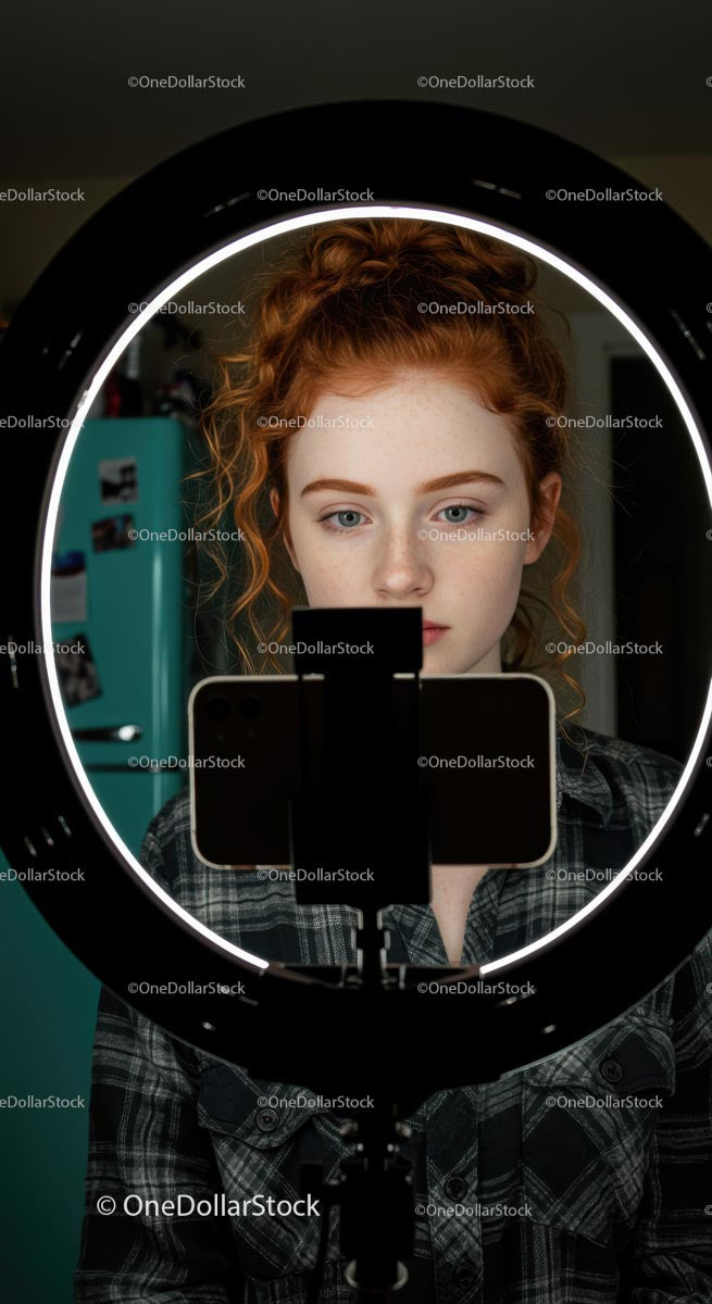 Young Woman with Red Hair Using Ring Light for Filming
