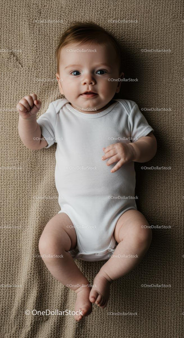 Adorable Baby in a White Onesie on Cozy Carpet