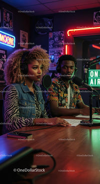 Dynamic Podcast Hosts in Vibrant Radio Studio