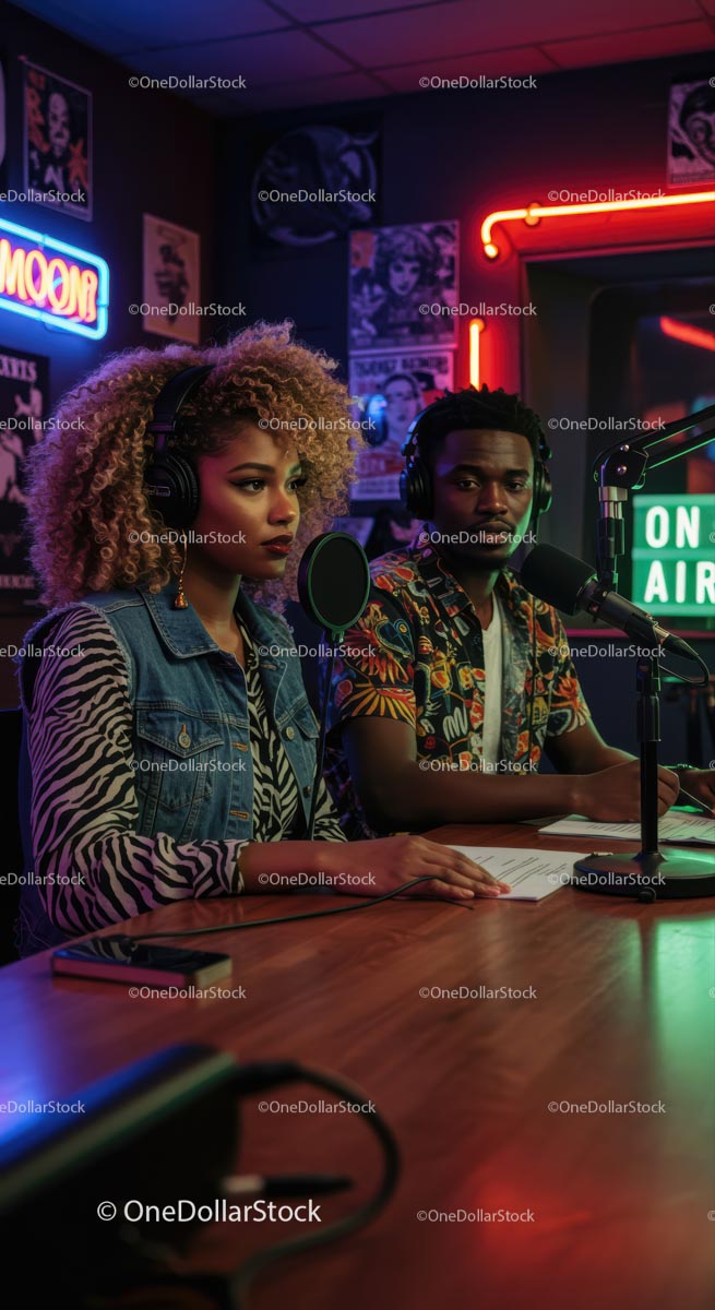 Dynamic Podcast Hosts in Vibrant Radio Studio