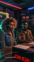 Diverse Hosts Recording Podcast in Vibrant Studio