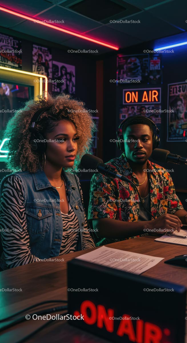 Diverse Hosts Recording Podcast in Vibrant Studio