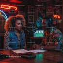 Dynamic Podcast Recording in Vibrant Studio Setting