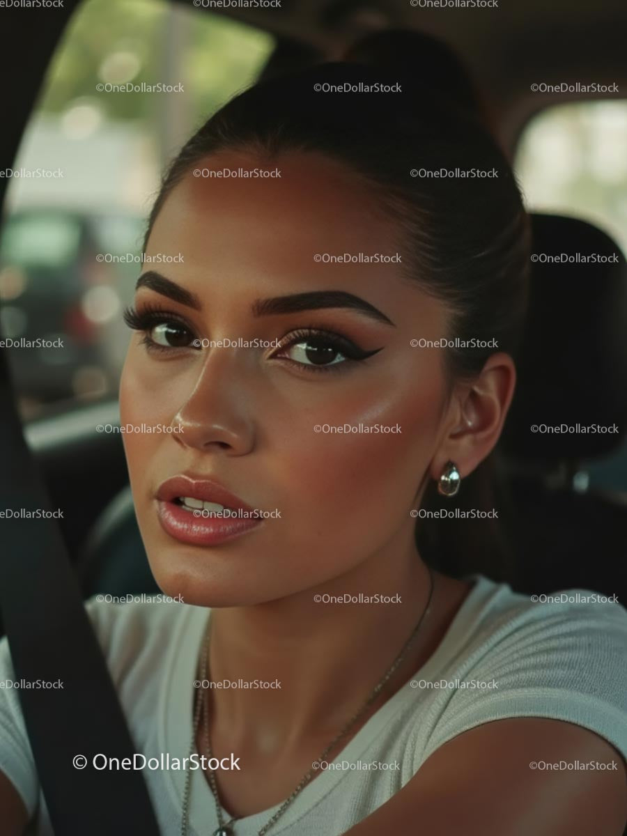 Pewna siebie kobieta w eleganckim makijażu we wnętrzu samochodu