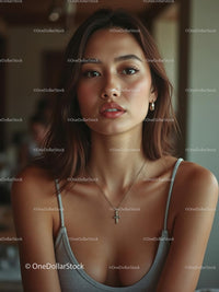 Confident Young Woman with Cross Necklace Indoors