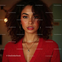 Confident Woman in Red Top with Stylish Jewelry