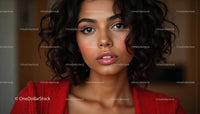 Woman with Curly Hair in Red Sweater Close-Up Portrait