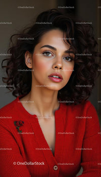 Elegant Woman with Curly Hair in a Red Sweater