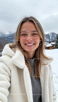 Smiling Woman in Winter Jacket with Snowy Mountain Background