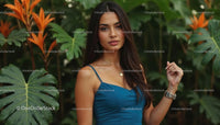 Elegant Woman in Blue Dress Amidst Tropical Foliage