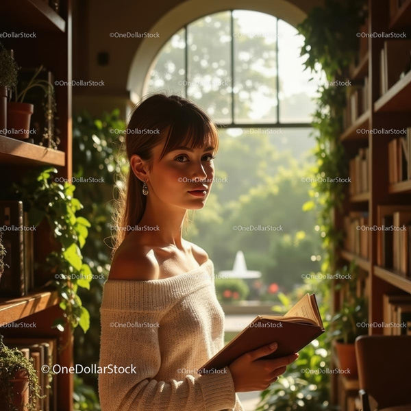 Young Woman Reading in Sunlit Library with Green Plants
