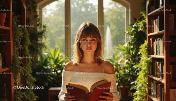 Woman Reading Book in Sunlit Room with Indoor Plants