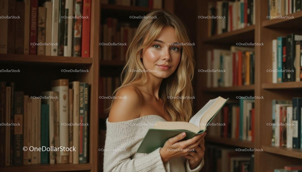 Young Woman Reading in Cozy Library Setting