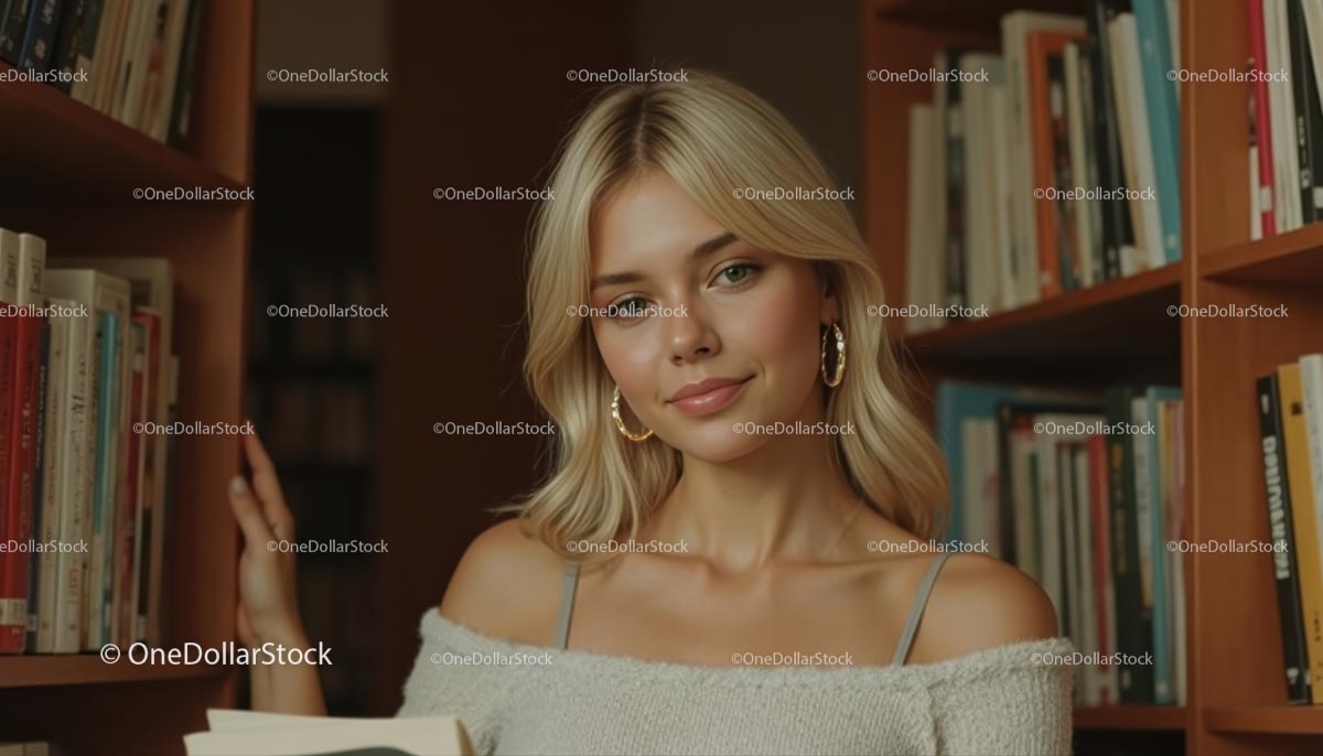 Blondynka pozuje w przytulnej bibliotece