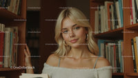 Blonde Woman Posing in Cozy Library Setting