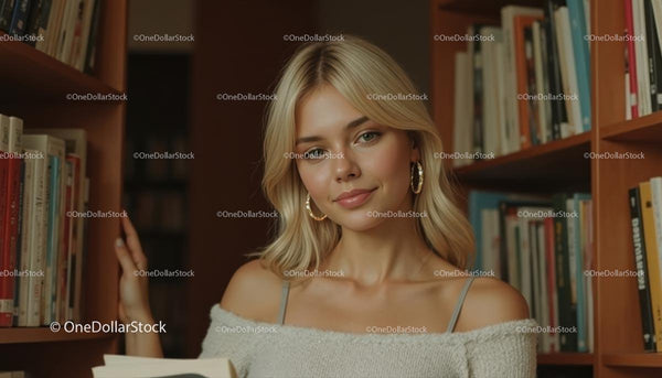 Blonde Woman Posing in Cozy Library Setting