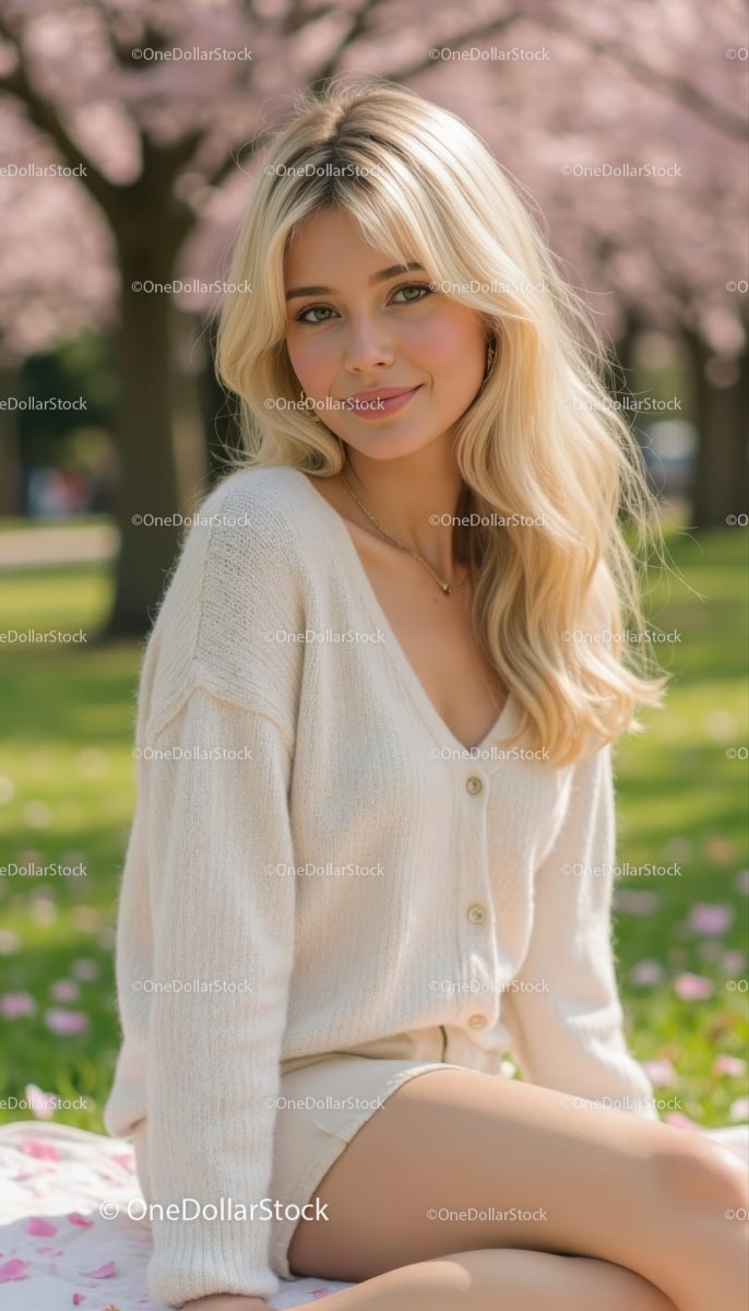 Blonde Woman Enjoying a Spring Day Among Cherry Blossoms