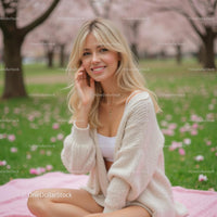 Smiling Woman in a Park with Cherry Blossoms