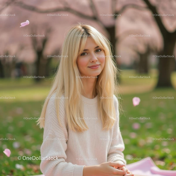 Blondynka Ciesząca Się Kwiatami Wiśni wiosną