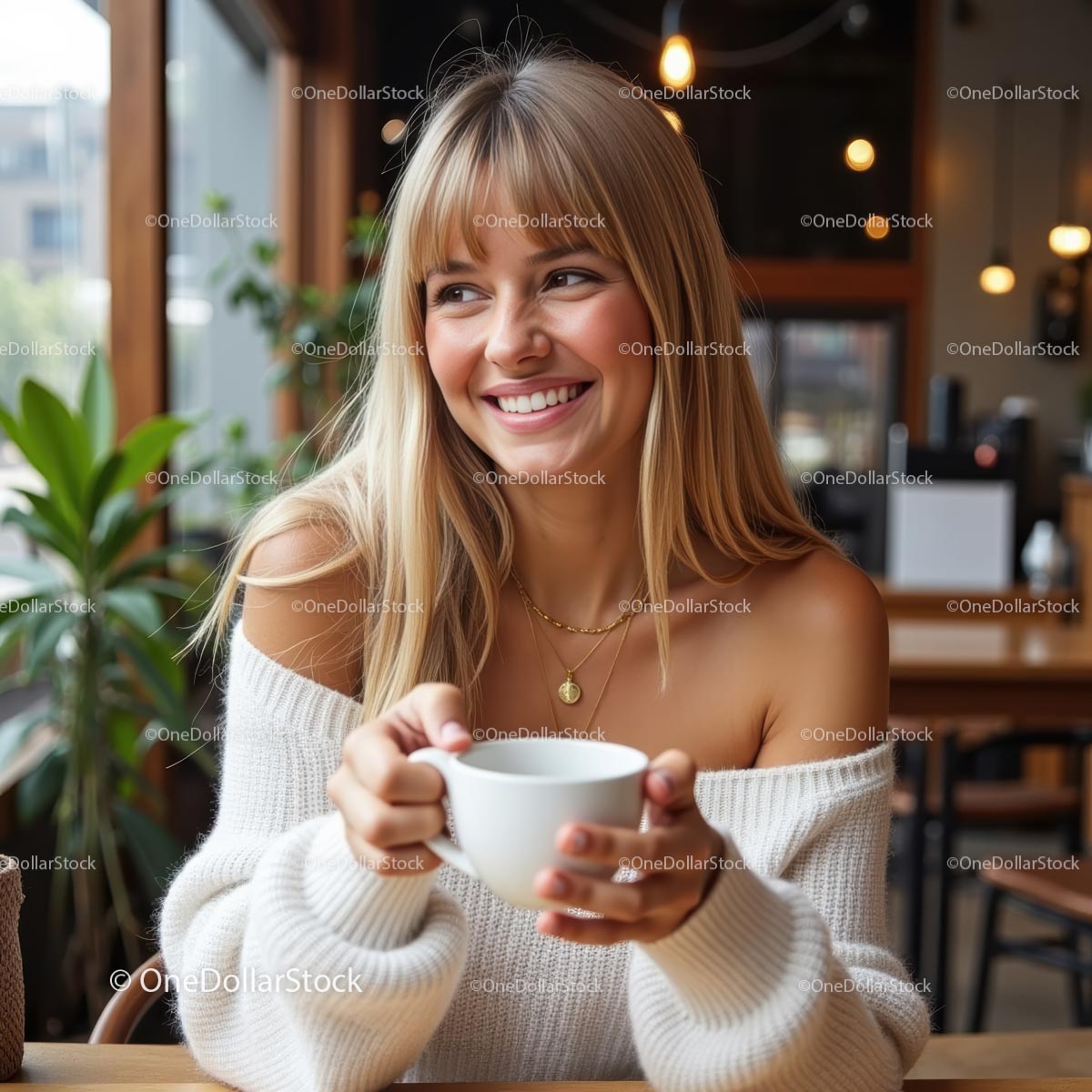 Smiling Woman Enjoying Coffee in Cozy Cafe Setting