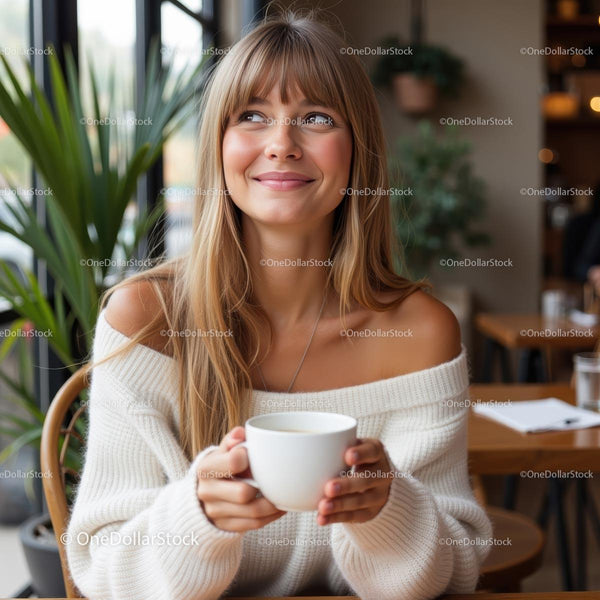 Smiling Woman Holding Coffee Cup in Cozy Café Setting