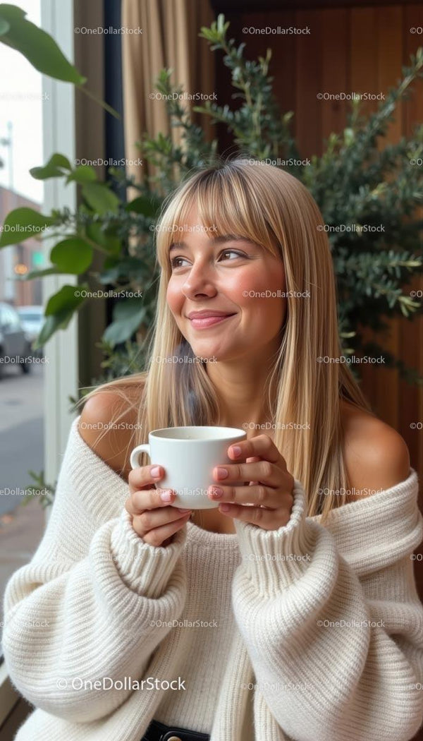 Smiling Woman Enjoying Coffee by the Window