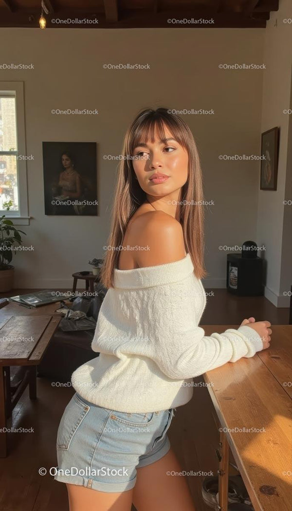 Young Woman in White Sweater Enjoying Sunlight Indoors