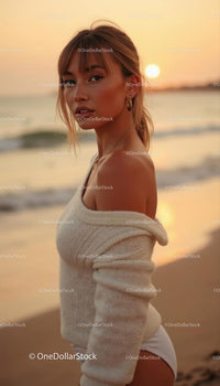 Woman in Cozy Sweater at Sunset Beach