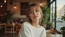 Young Woman Relaxing in Cozy Cafe with Green Plants
