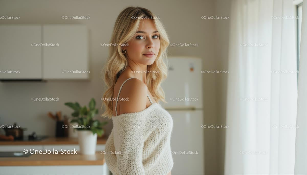 Blonde Woman in Cozy Sweater in Bright Modern Kitchen