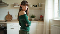 Woman in Green Sweater with Elf Ears in Modern Kitchen