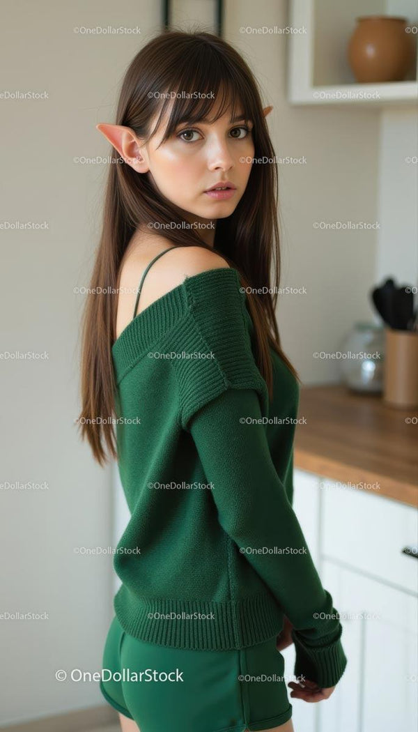 Fantasy Elf Woman in Green Sweater Indoors