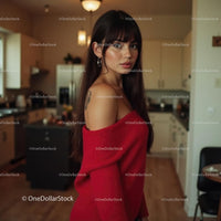 Stylish Woman in Red Sweater in Modern Kitchen