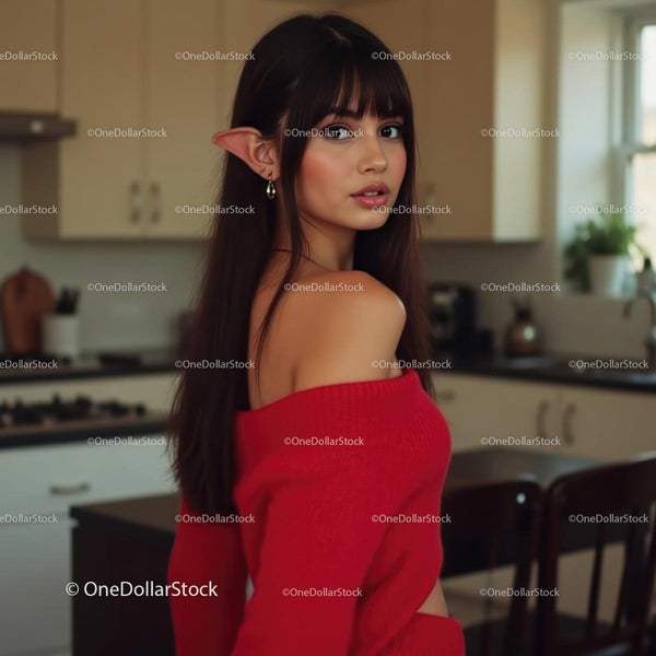 Enchanting Woman with Elf Ears in Stylish Red Sweater