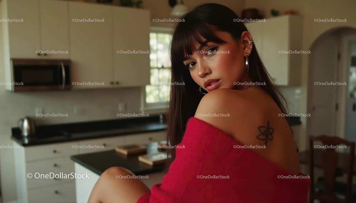 Elegant Woman in Red Sweater with Tattoo in Modern Kitchen