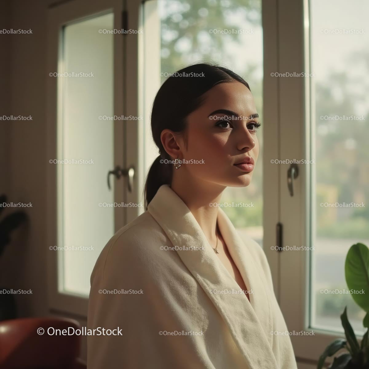 Thoughtful Woman in White Robe by the Window