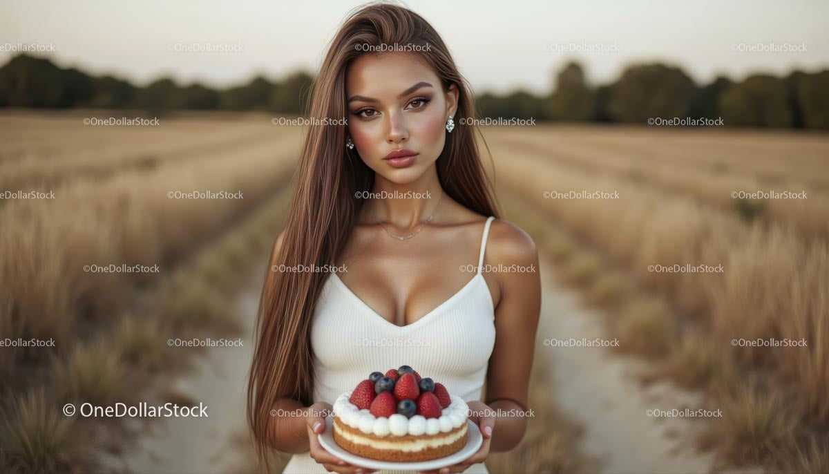 Kobieta na polu trzymająca tort z jagodami