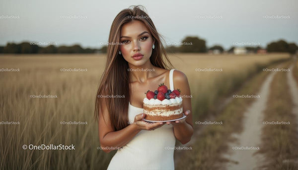 Woman Holding Berry Cake in Serene Countryside Field