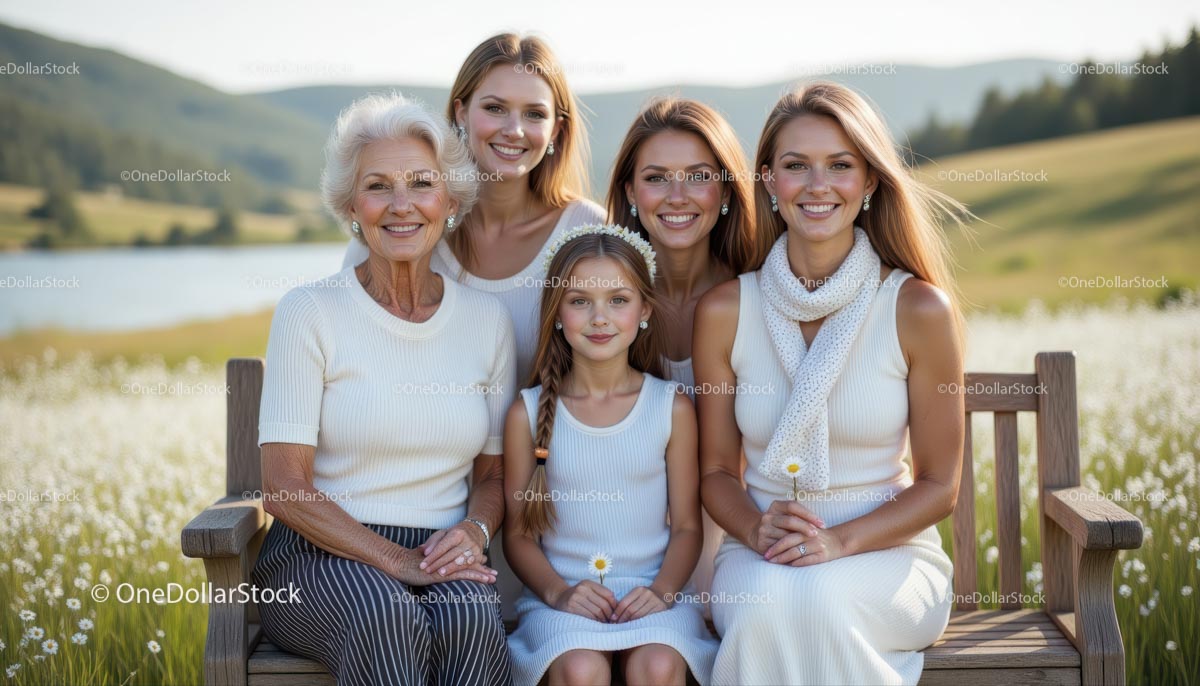 Happy Multi-generational Family Portrait in Daisy Meadow