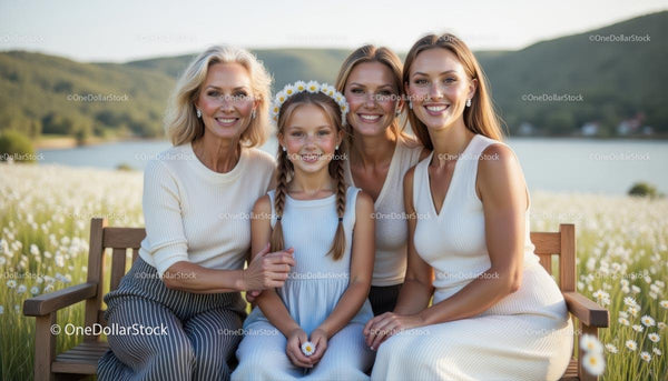 Three Generations of Women Smiling in a Daisy Field