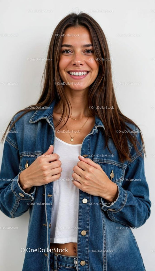 Smiling Woman in Denim Jacket and White Top
