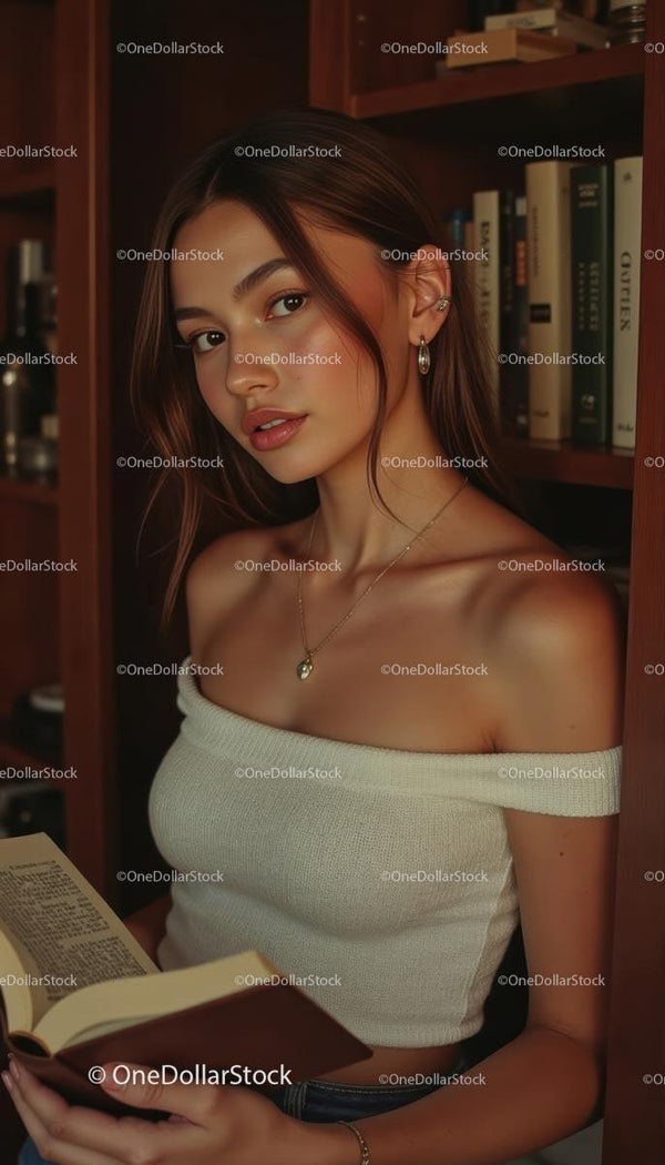 Young Woman Reading Book in Cozy Home Library