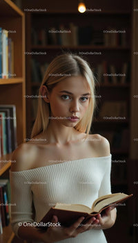 Young Woman Reading a Book in Cozy Library Setting
