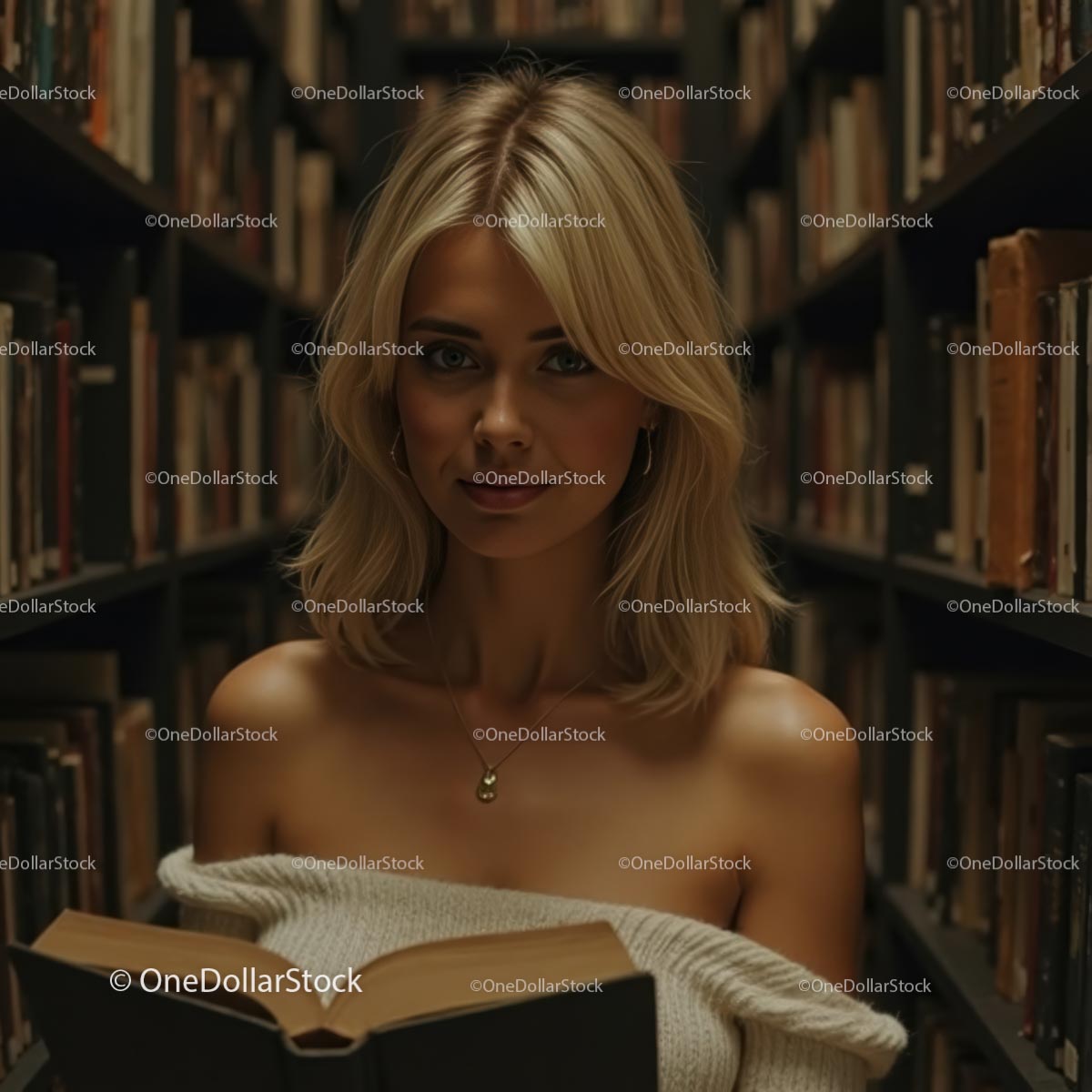 Blondynka czytająca w bibliotece Atmospheric