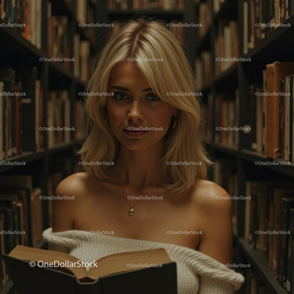 Blonde Woman Reading in Atmospheric Library