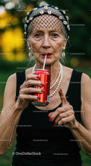 Elegant Senior Woman Enjoying a Refreshing Drink Outdoors